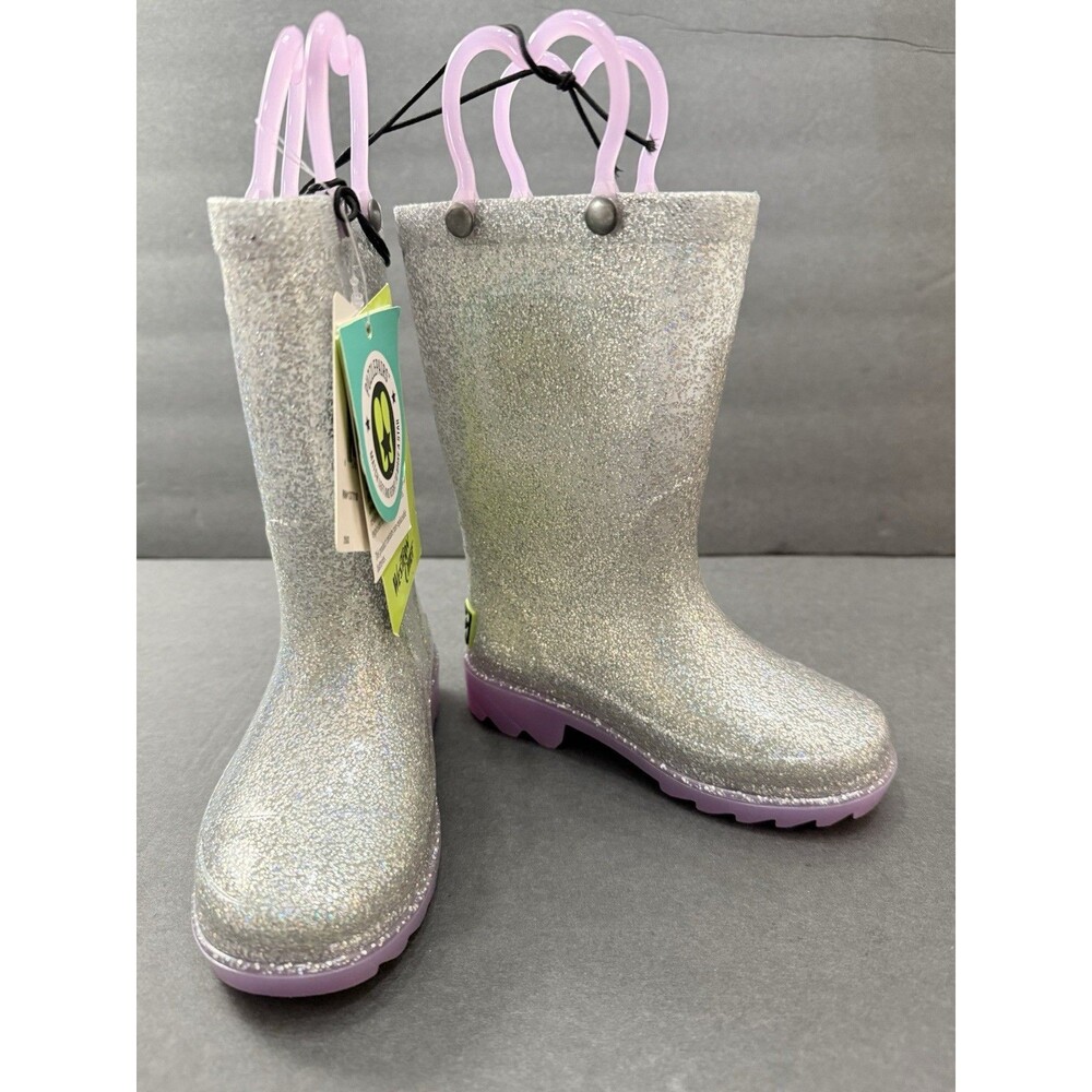 Western Chief Toddler Abby Light-Up Glitter Lighted Silver waterproof rain boots